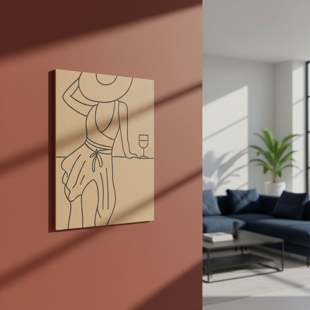 DIY pre-marked MDF board with woman in summer hat line art and wine glass outline hanging on wall
