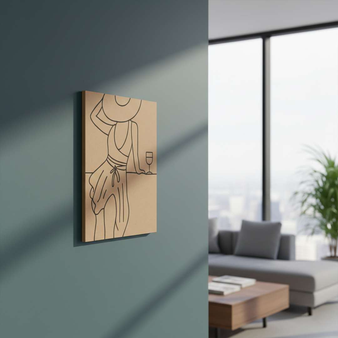 DIY pre-marked MDF board with woman in summer hat line art and wine glass outline hanging on wall