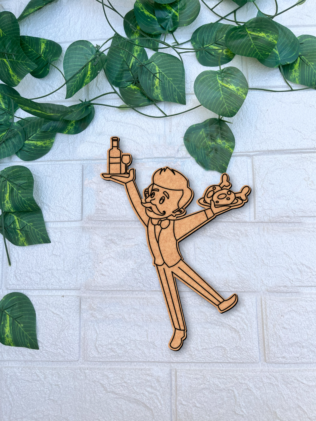 Unpainted MDF cartoon character cutout for kids craft activity mounted on a white textured brick wall