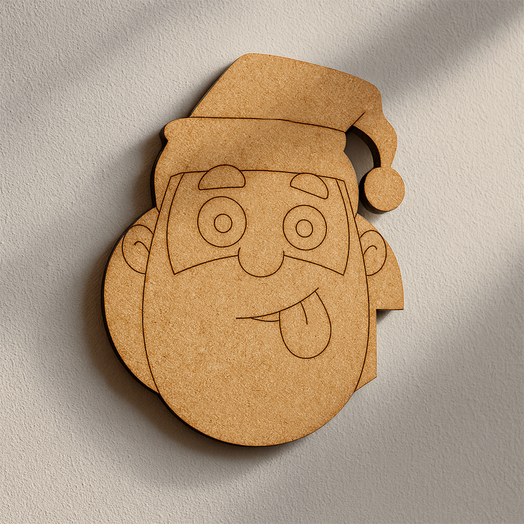 Unpainted MDF Santa face DIY cutout for Christmas craft and painting mounted on a brick wall