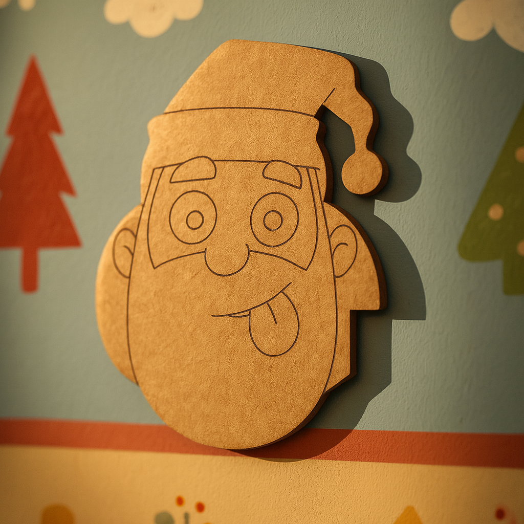 Unpainted MDF Santa face DIY cutout for Christmas craft mounted in nursery class 