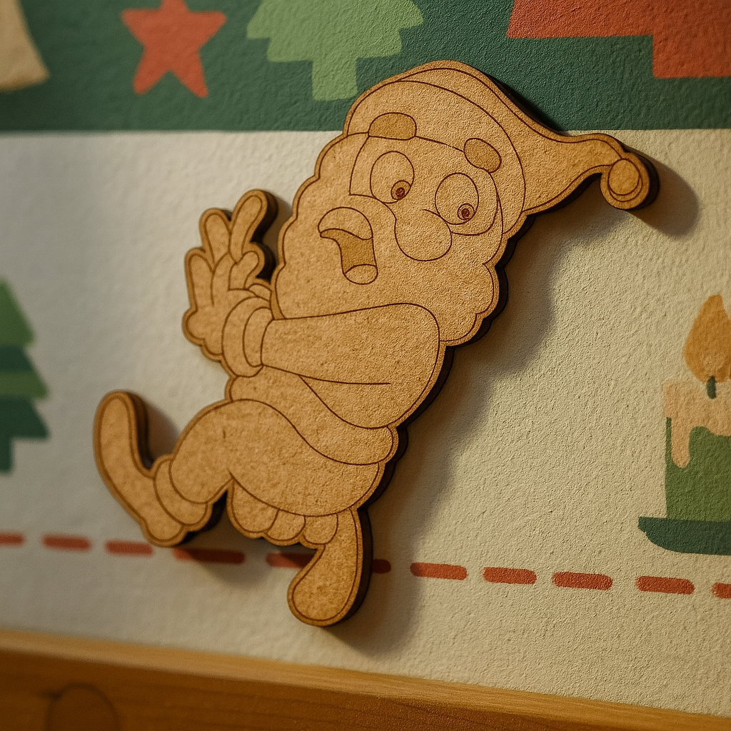 Unpainted DIY MDF Santa Claus cutout for Christmas craft mounted on colour full wall  