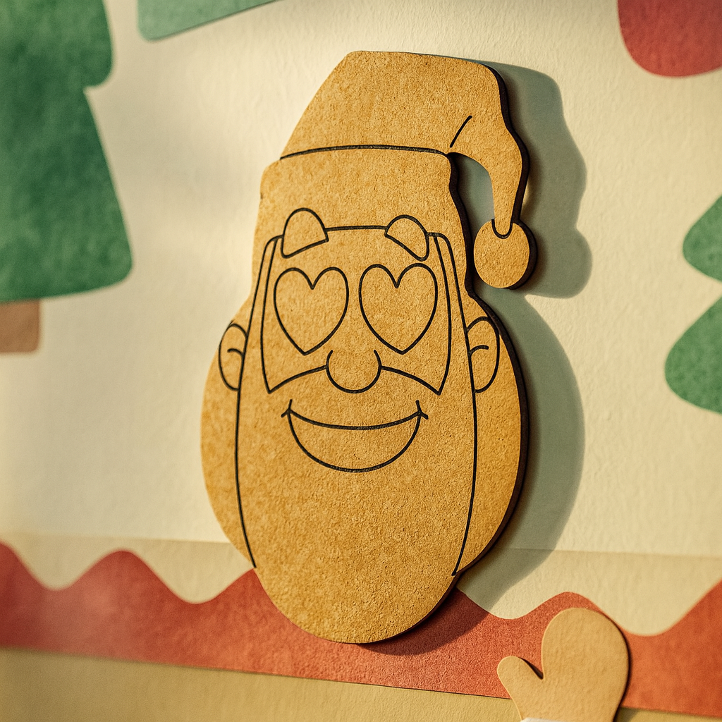 DIY MDF Santa face cutout for Christmas mounted on colour full wall