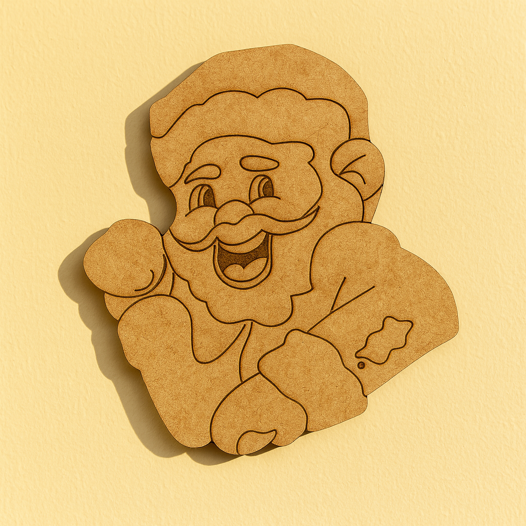 DIY MDF Santa Claus cutout for Christmas craft mounted on yellow wall 