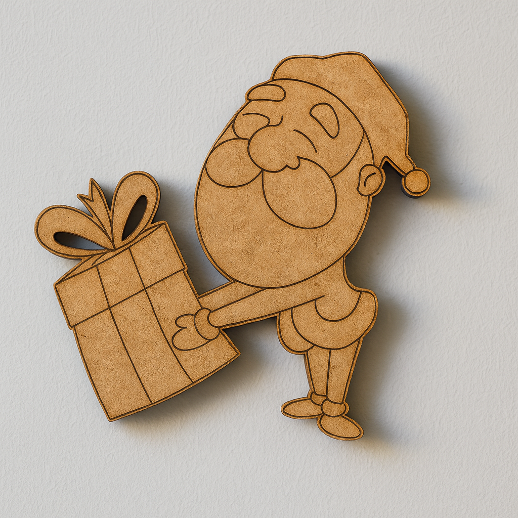 DIY MDF Santa Claus cutout holding gift for Christmas craft and painting with white background 
