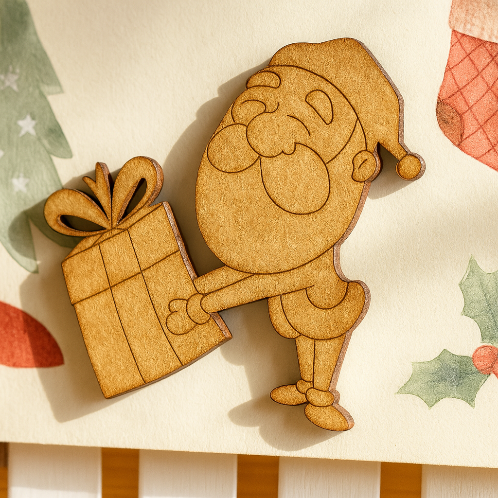 DIY MDF Santa Claus cutout holding gift for Christmas craft and wall decor