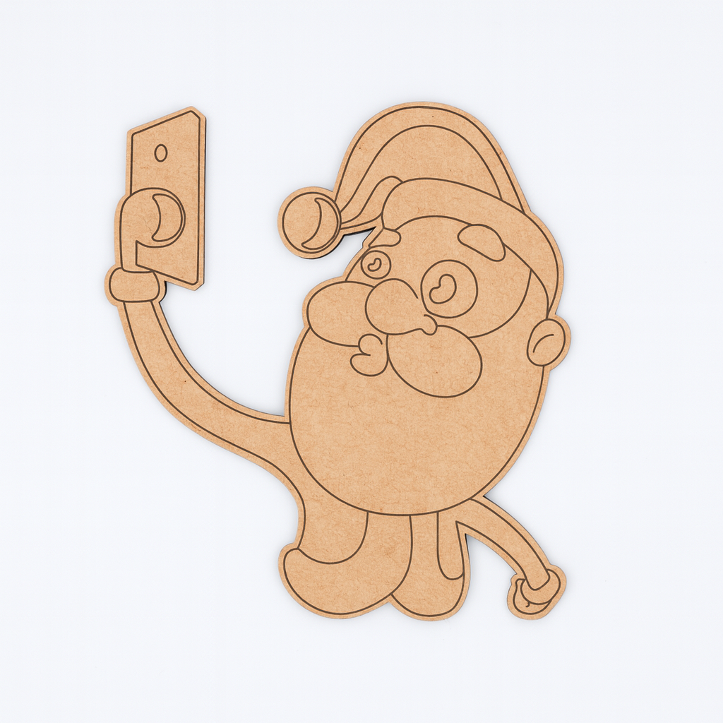 DIY MDF Santa Claus cutout taking selfie for Christmas craft and painting