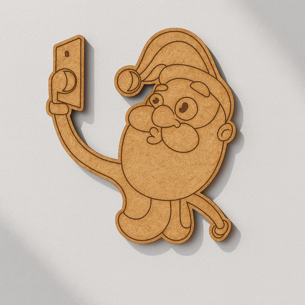 DIY MDF Santa Claus cutout taking selfie for Christmas craft and painting