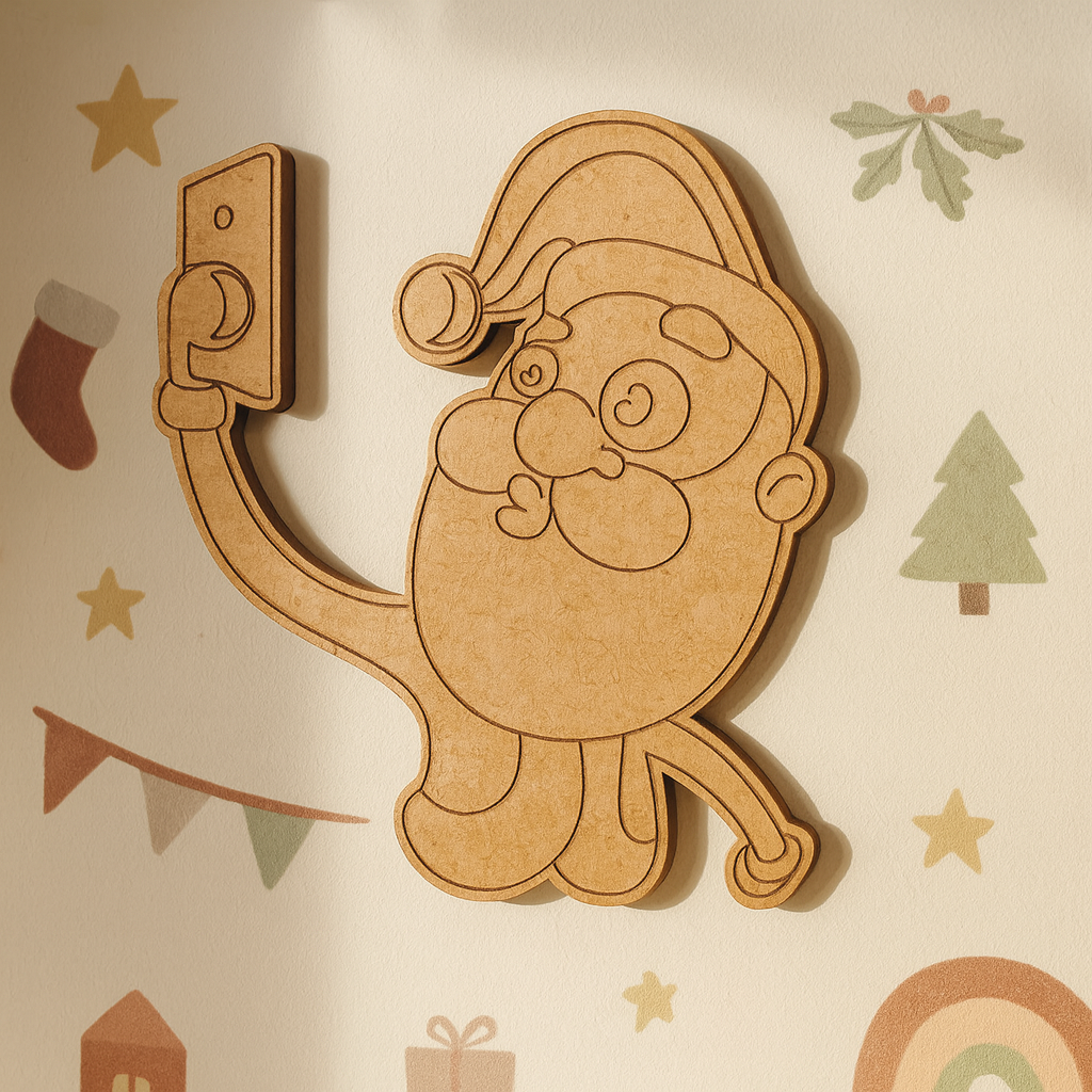 DIY MDF Santa Claus cutout taking selfie for Christmas craft mounted on wall