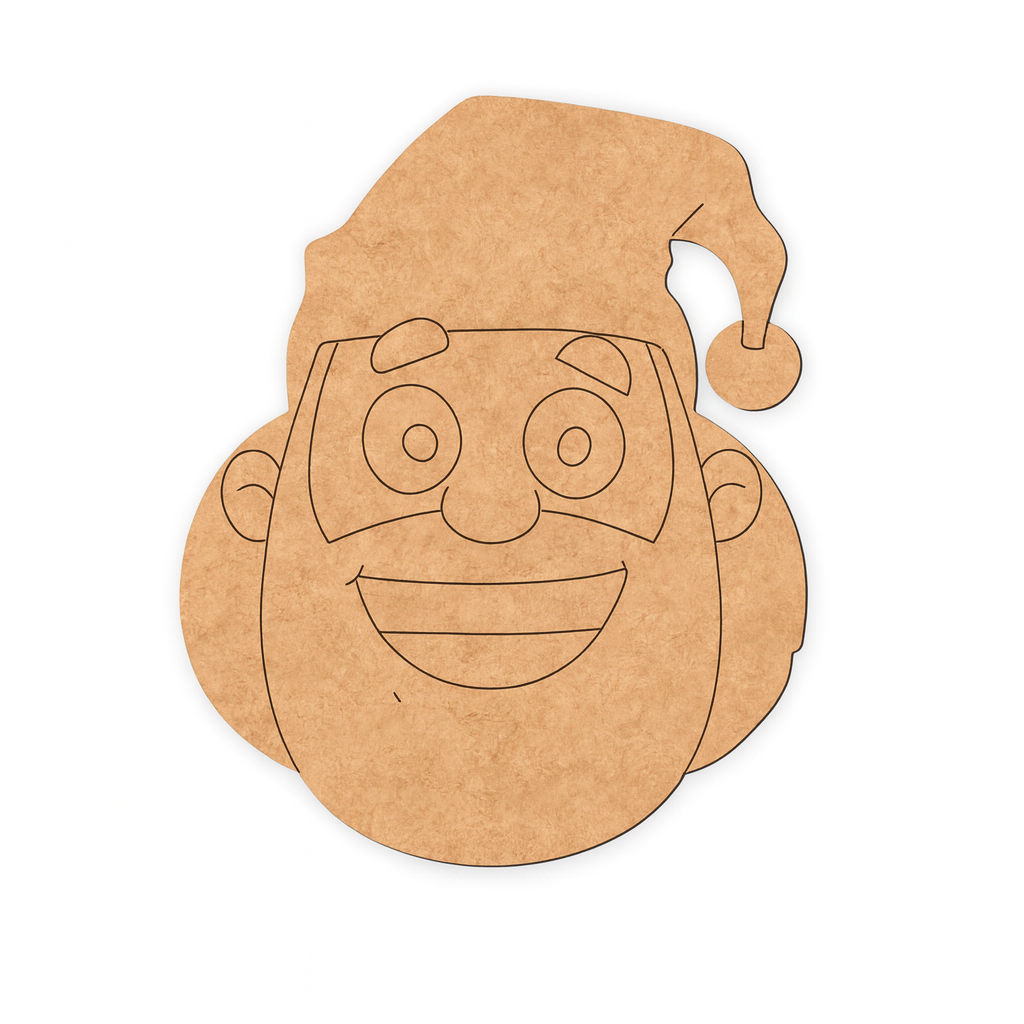 DIY MDF Santa Claus face cutout with engraved outline details and Christmas hat, unpainted brown MDF craft base.