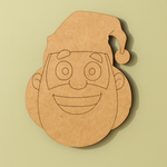 DIY MDF Santa Claus face cutout with engraved outline details and Christmas hat, unpainted brown MDF craft base with yellow back ground