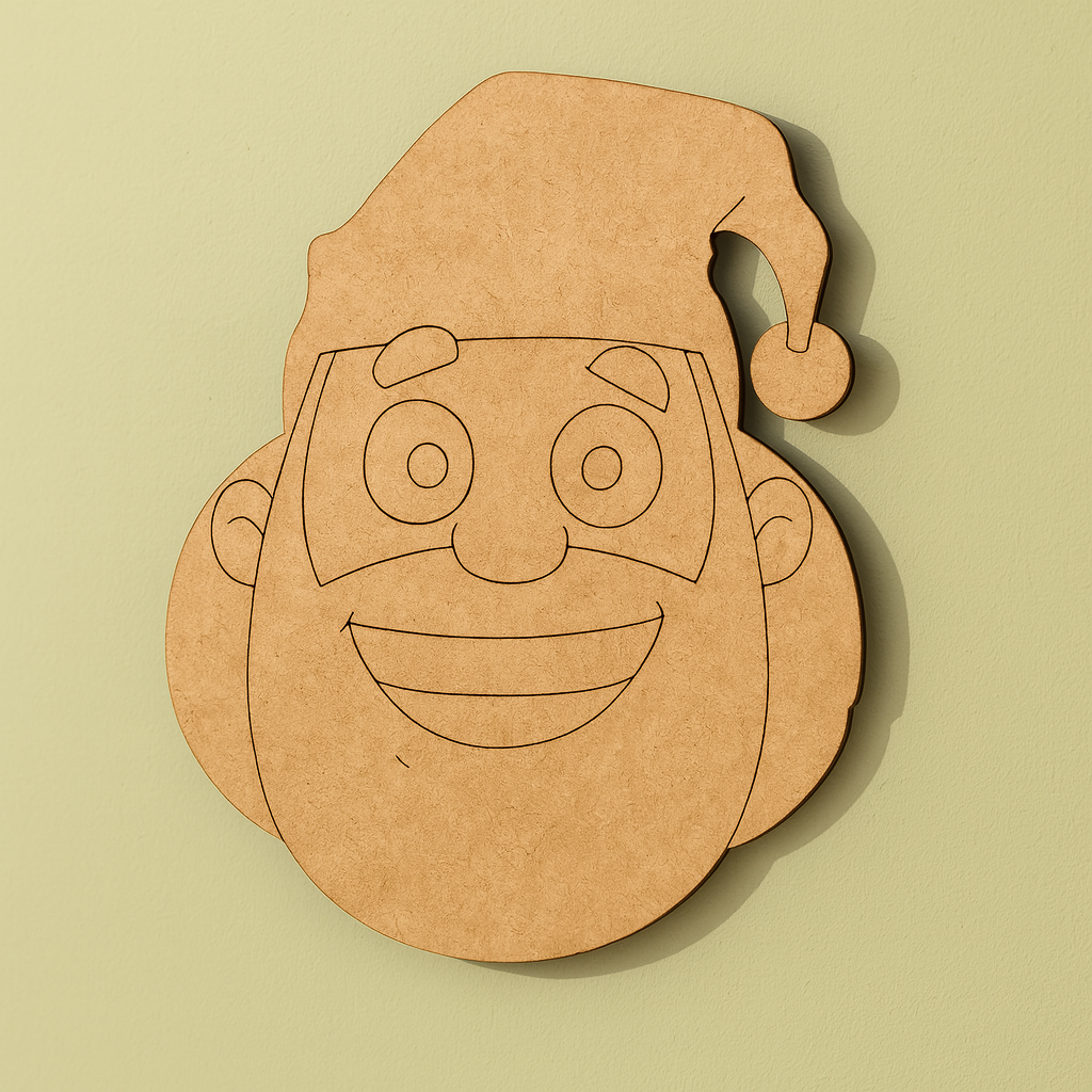 DIY MDF Santa Claus face cutout with engraved outline details and Christmas hat, unpainted brown MDF craft base with yellow back ground