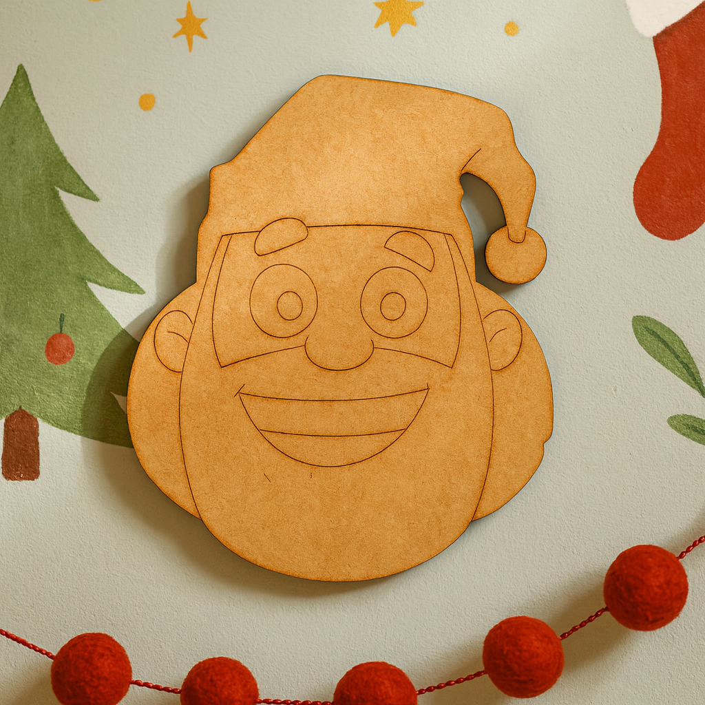 DIY MDF Santa Claus face cutout with engraved outline details and Christmas hat for painting and decor 