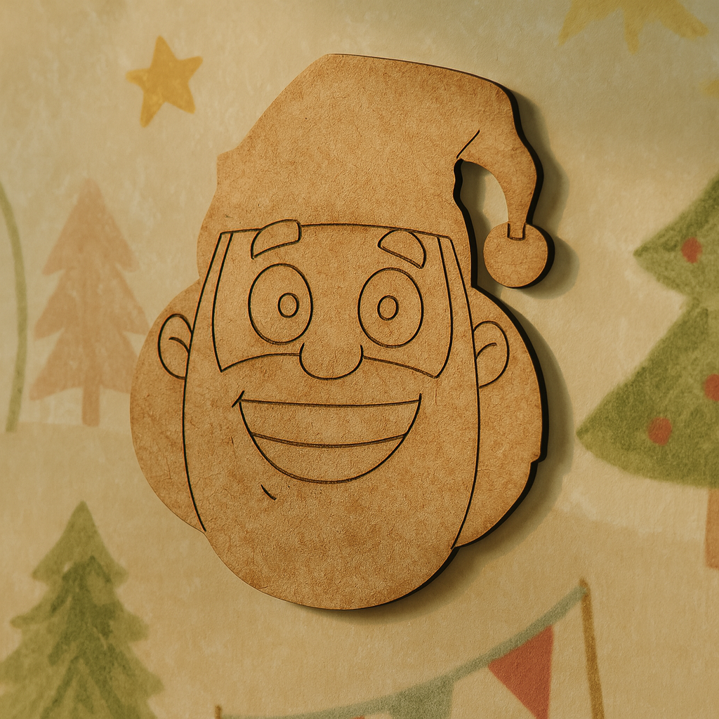 DIY MDF Santa Claus face cutout with engraved outline details and Christmas hat craft
