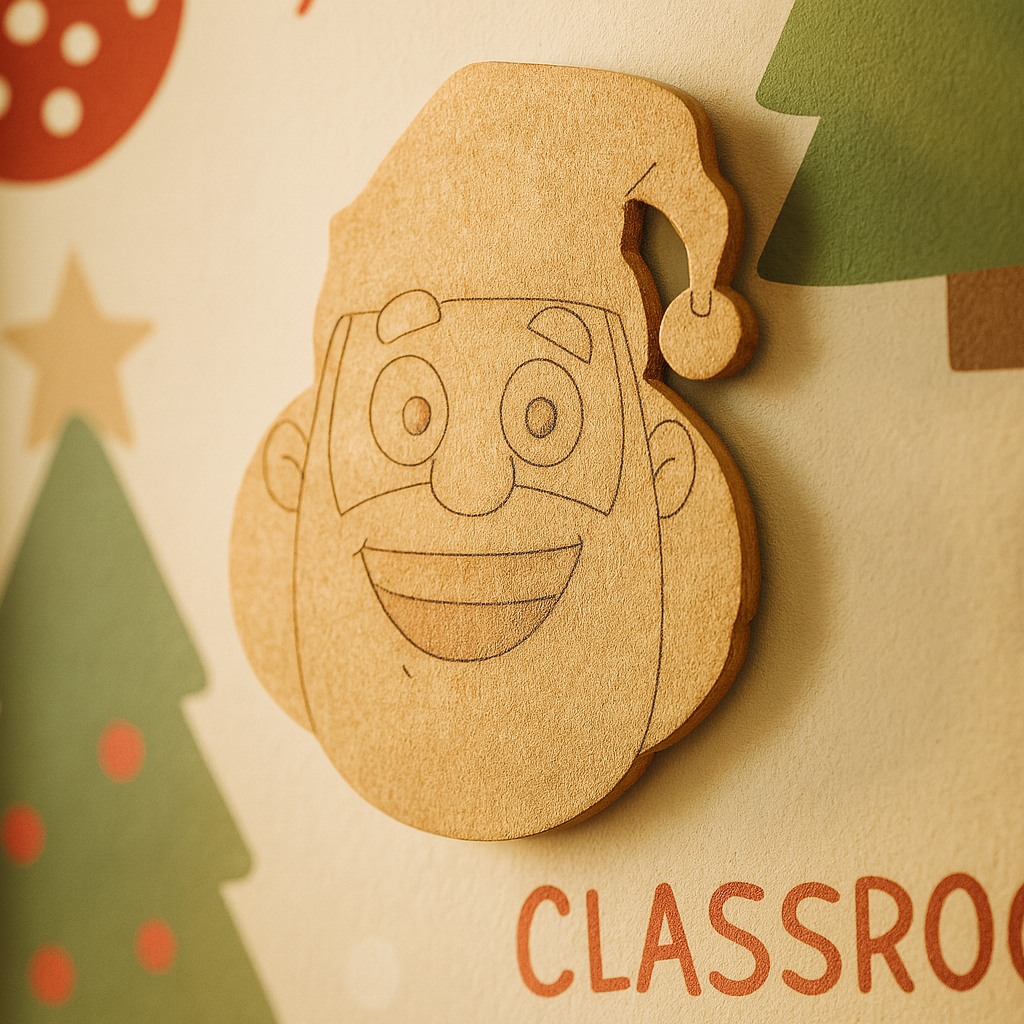 DIY MDF Santa Claus face cutout with engraved outline details and Christmas hat, unpainted brown MDF craft base mount on wall