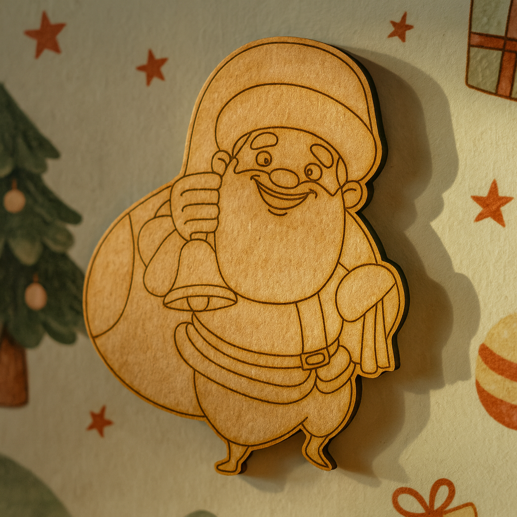 DIY MDF Santa Claus cutout with bell for Christmas craft mounted on wall