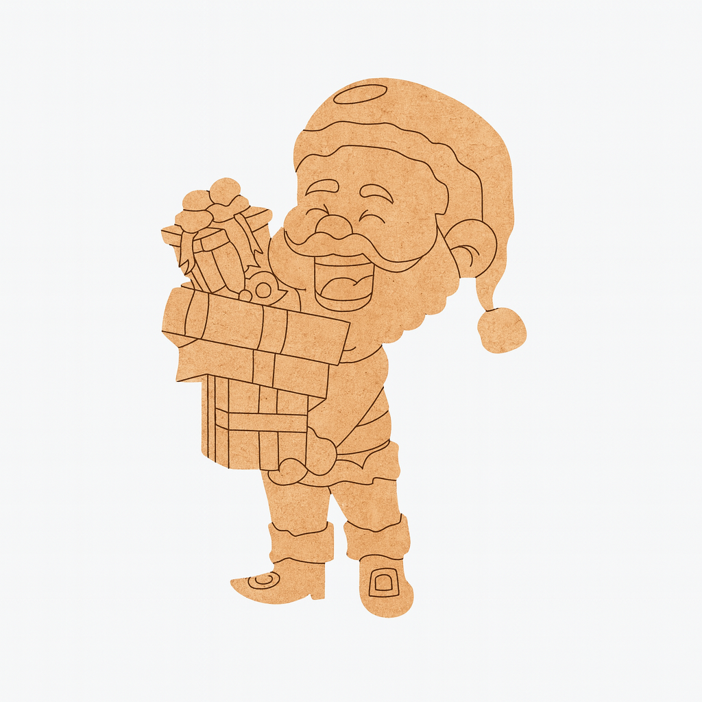 DIY MDF Santa holding gift box cutout blank for painting, Christmas craft decoration and festive decor.
