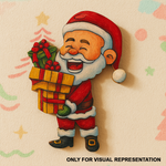 DIY MDF Santa holding gift box coloured cutout blank for painting, Christmas craft decoration and festive decor mounted on Christmas decorated wall (visual representation)