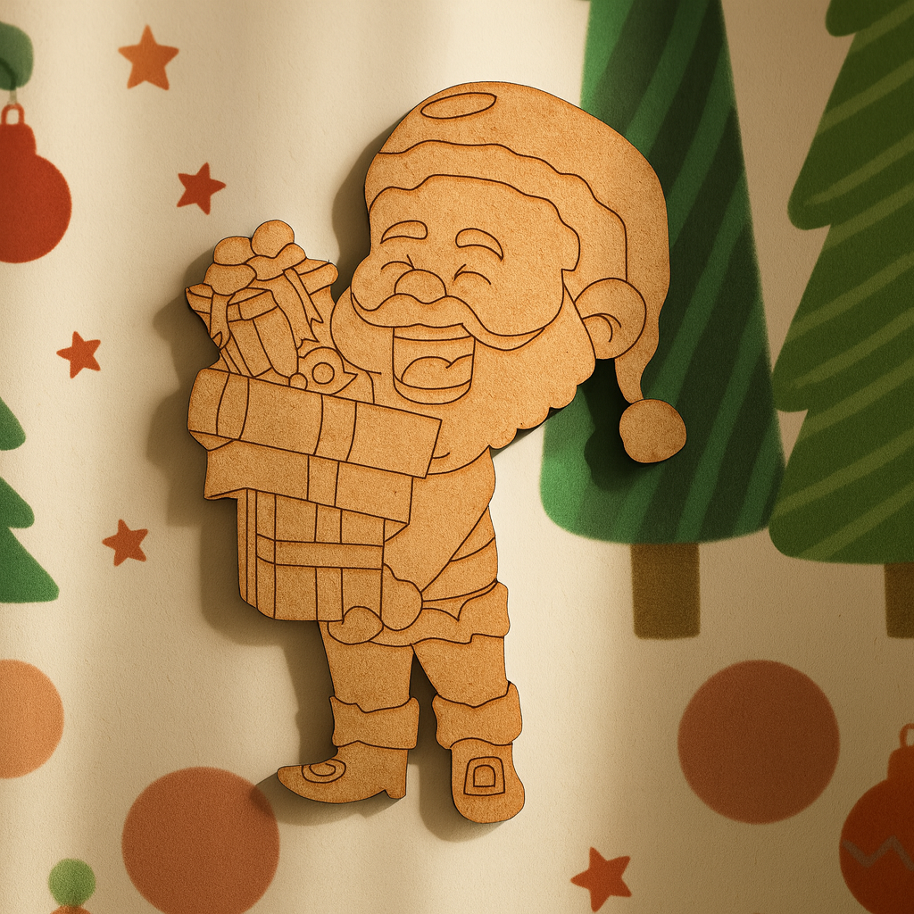 DIY MDF Santa holding gift box cutout blank for painting, Christmas craft decoration and festive decor mounted on Christmas decorated wall
