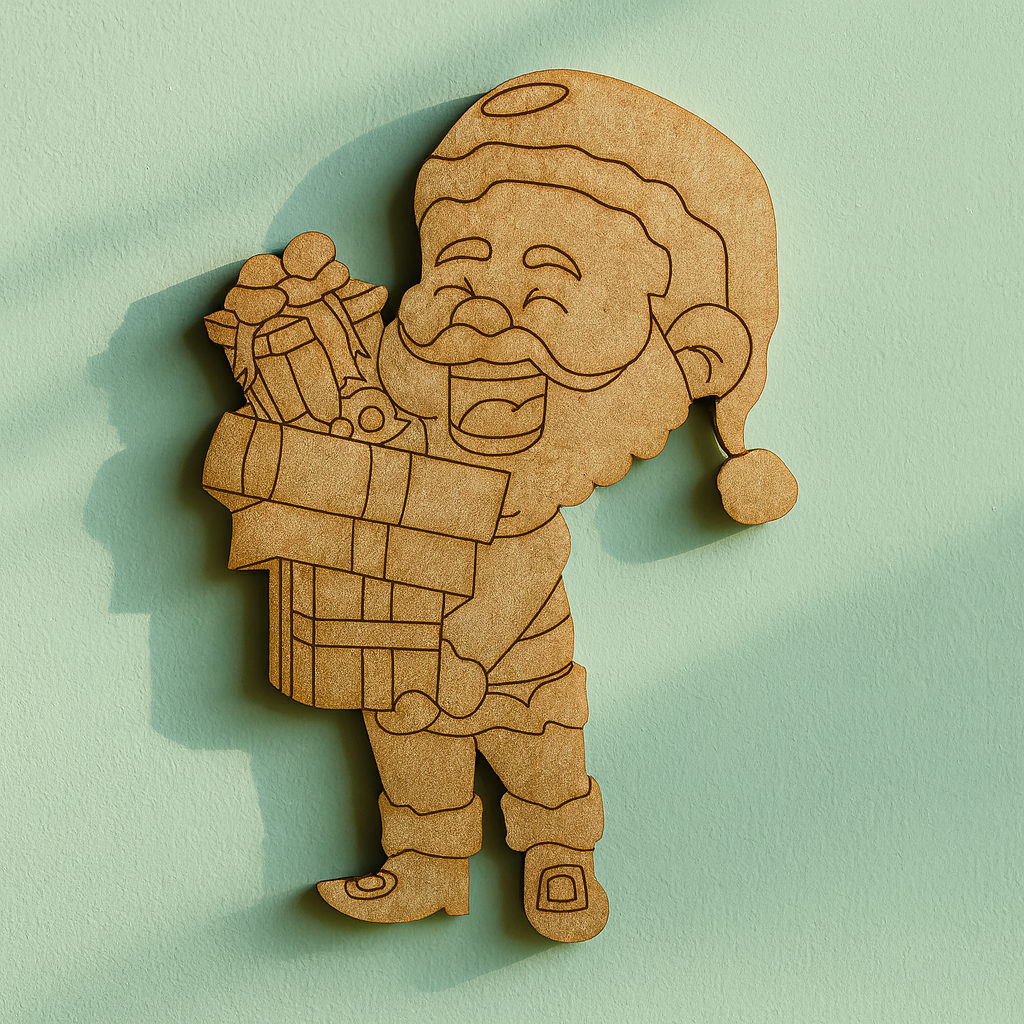 DIY MDF Santa holding gift box cutout blank for painting, Christmas craft decoration and festive decor mounted on wall