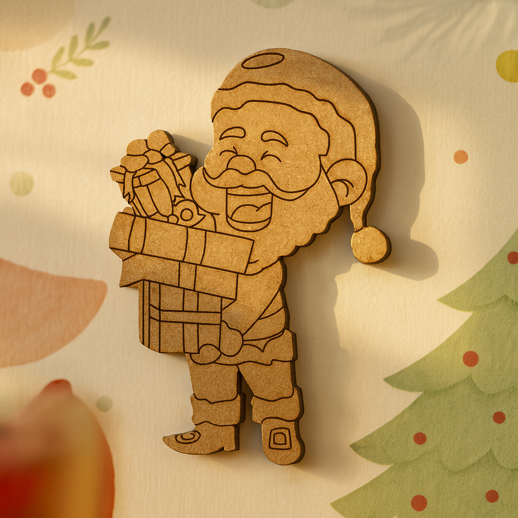 DIY MDF Santa holding gift box cutout blank for painting, Christmas craft decoration and festive decor mounted on decorated wall