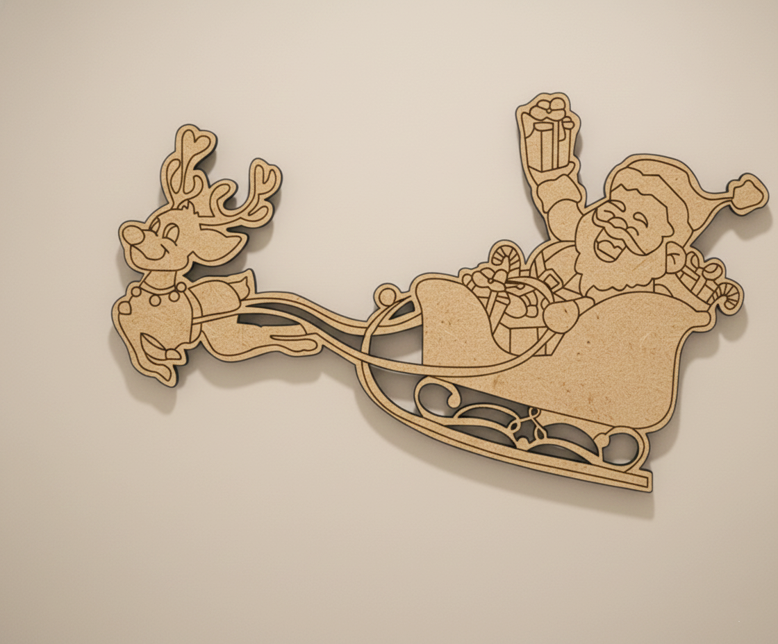 DIY MDF Santa sleigh with reindeer cutout blank for painting, Christmas craft decoration mounted on wall