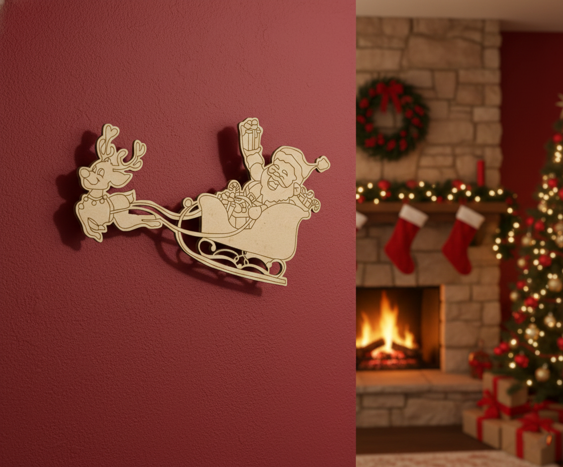 DIY MDF Santa sleigh with reindeer cutout blank for painting, Christmas craft decoration mounted on wall