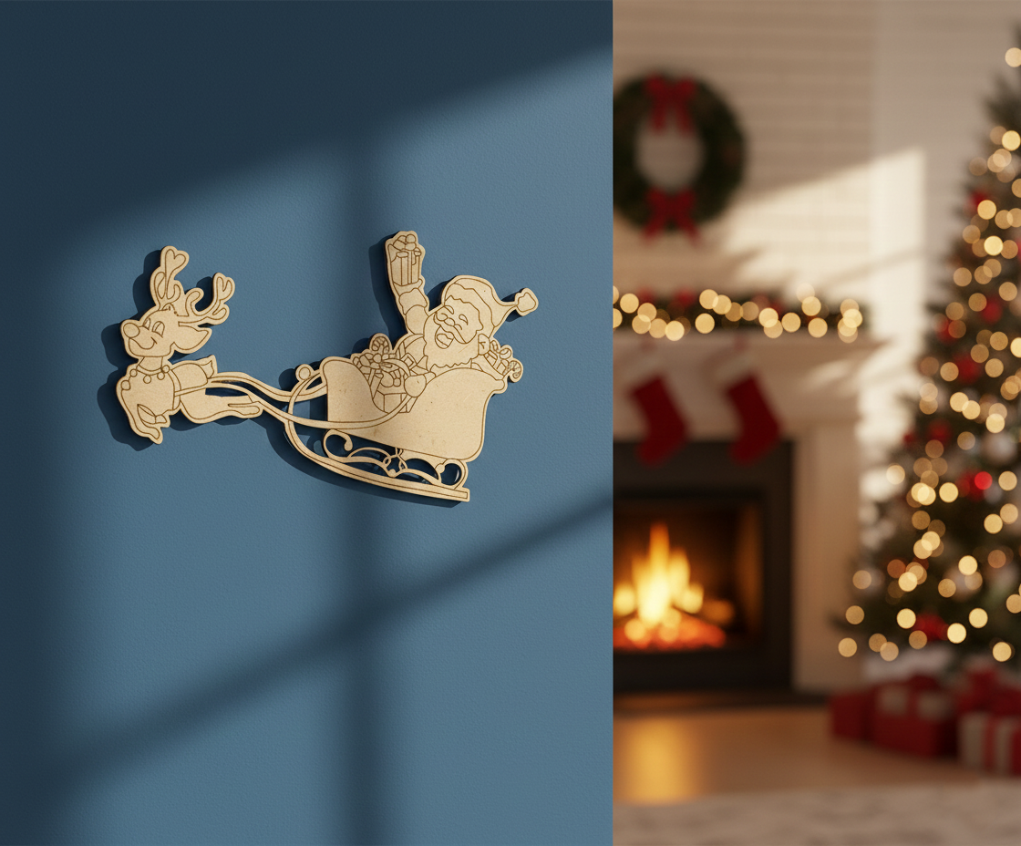 DIY MDF Santa sleigh with reindeer cutout blank for painting, Christmas craft decoration mounted on wall
