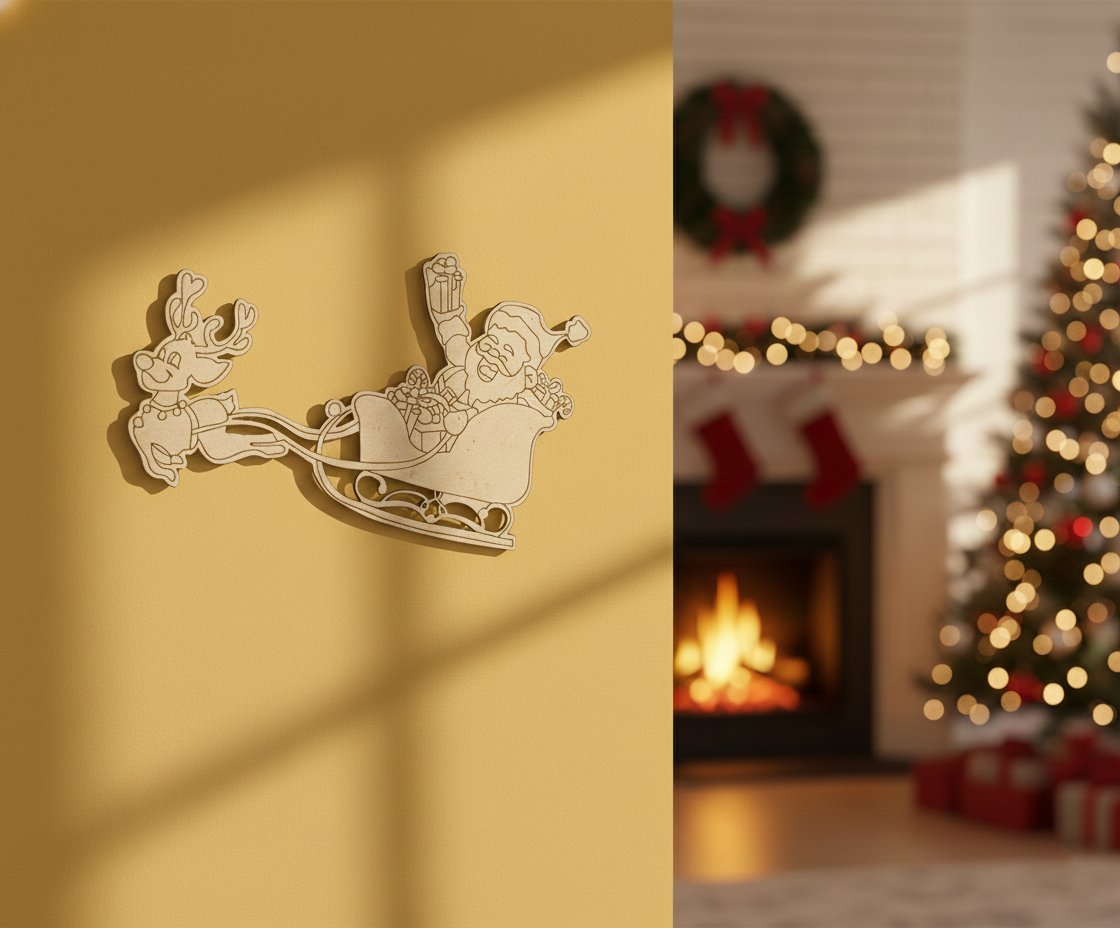 DIY MDF Santa sleigh with reindeer cutout blank for painting, Christmas craft decoration mounted on wall