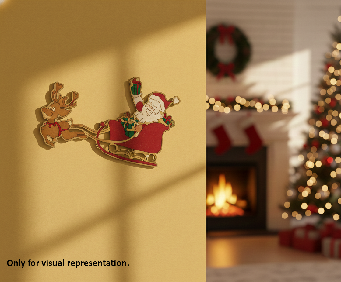 DIY MDF coloured Santa sleigh with reindeer cutout blank for painting, Christmas craft decoration mounted on wall (visual representation)