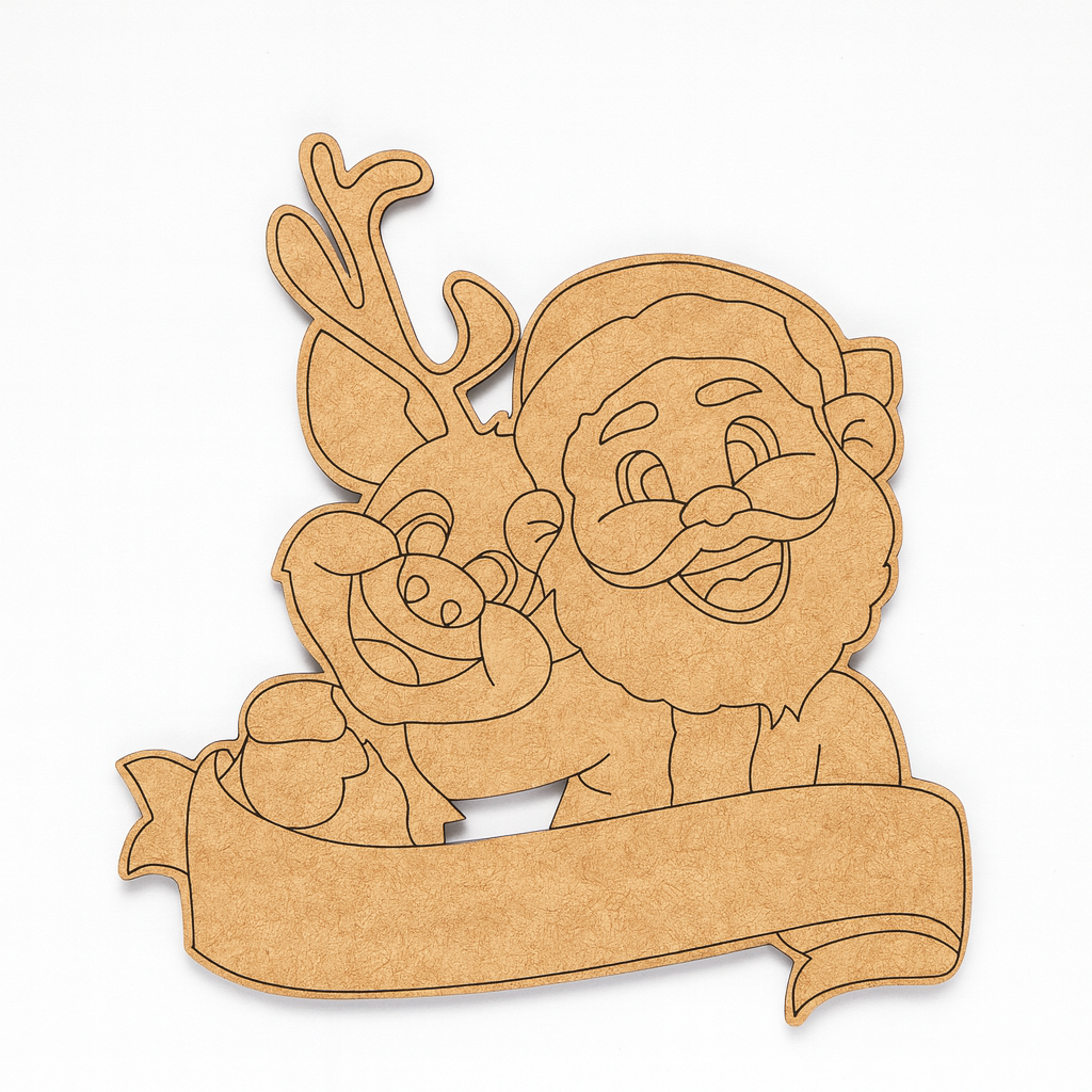 DIY MDF Santa and reindeer nameplate cutout with blank banner for personalization, Christmas craft base for painting.