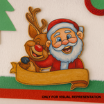 DIY MDF Santa and reindeer nameplate coloured cutout with blank banner for personalization, Christmas craft base mounted on wall (visual representation)