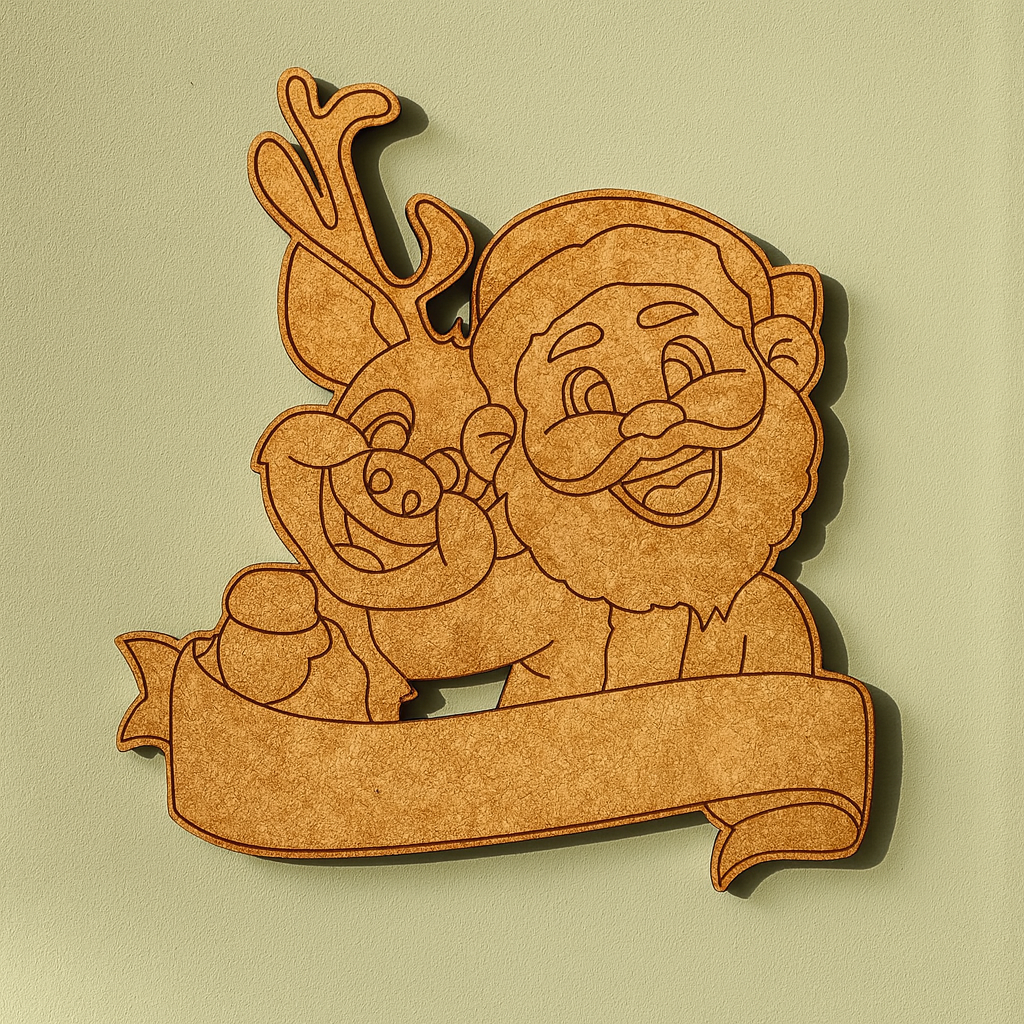 DIY MDF Santa and reindeer nameplate cutout with blank banner for personalization, Christmas craft base mounted on wall