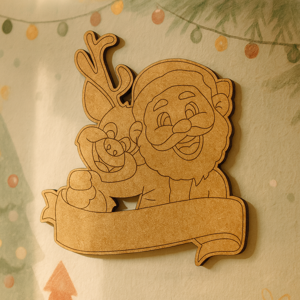 DIY MDF Santa and reindeer nameplate cutout with blank banner for personalization, Christmas craft base mounted on wall