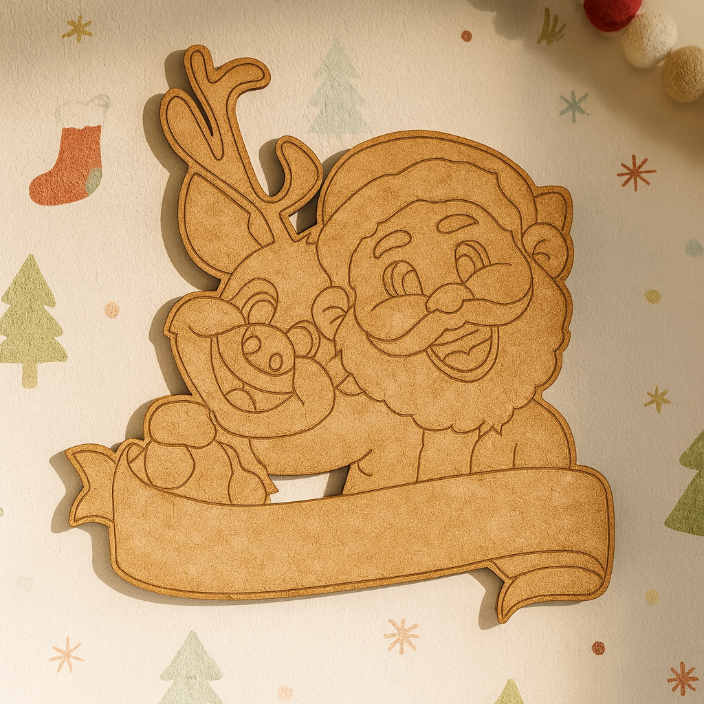 DIY MDF Santa and reindeer nameplate cutout with blank banner for personalization, Christmas craft base mounted on decorated wall