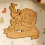 DIY MDF Santa and reindeer nameplate cutout with blank banner for personalization, Christmas craft base mounted on decorated wall
