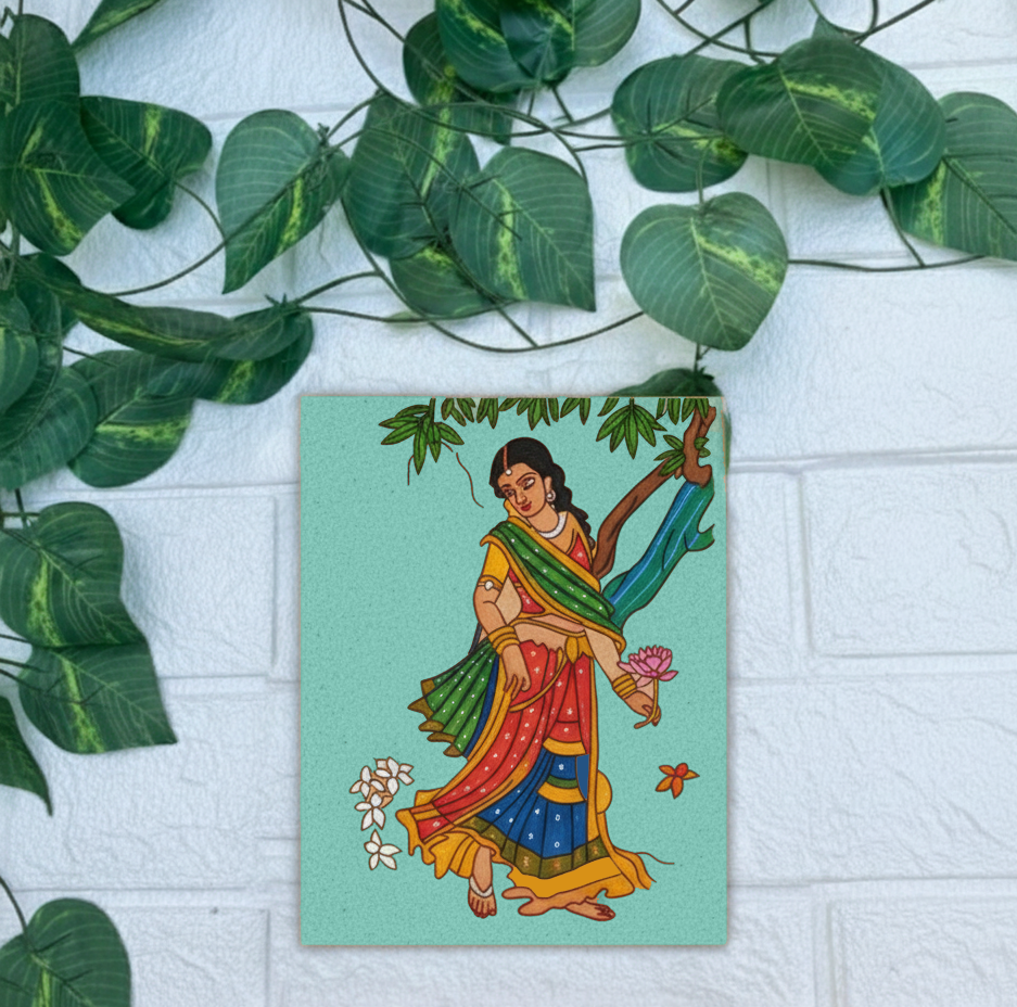 Hand-painted traditional woman under tree with flowers and butterfly