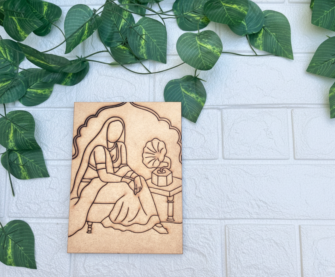 DIY Traditional Painting of Indian Lady with Gramophone on MDF Base – Pre-marked
