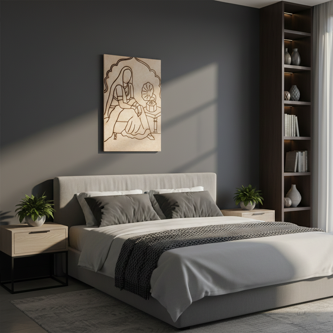 DIY Traditional Painting of Indian Lady with Gramophone on MDF Base – Pre-marked, mounted on wall