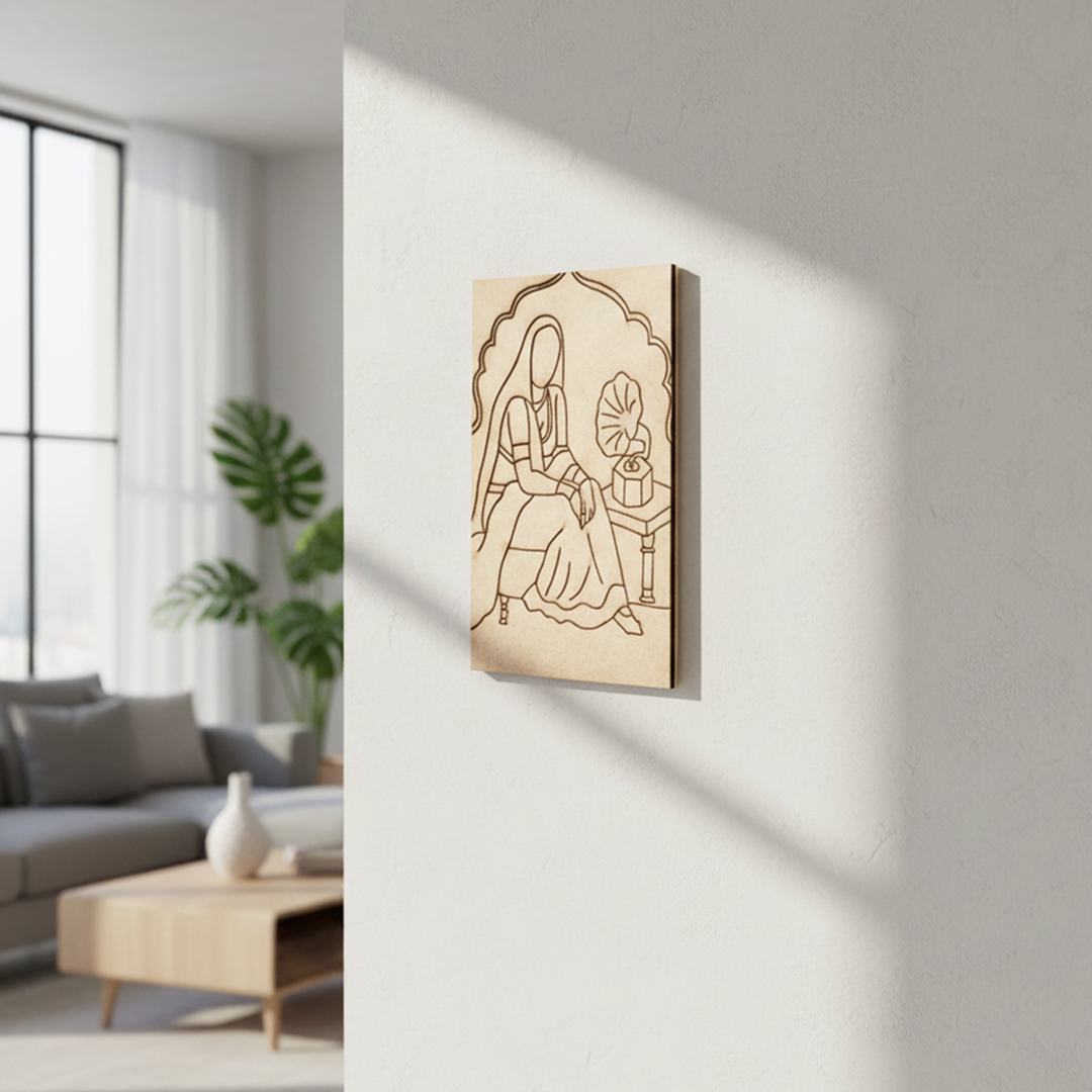 DIY Traditional Painting of Indian Lady with Gramophone on MDF Base – Pre-marked, mounted on wall