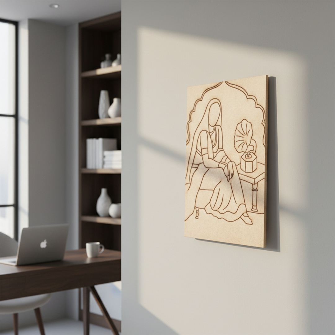 DIY Traditional Painting of Indian Lady with Gramophone on MDF Base – Pre-marked, mounted on wall