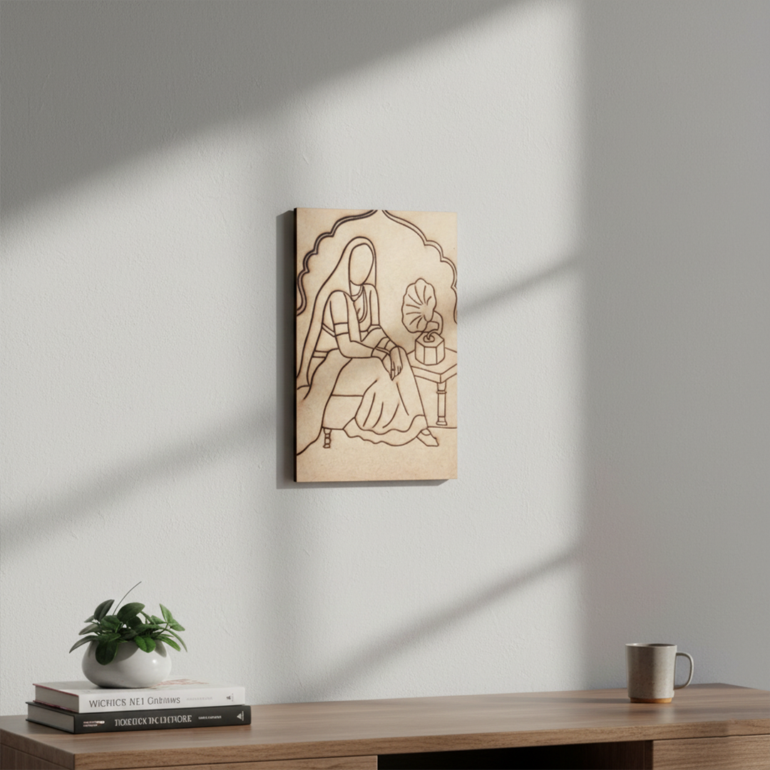 DIY Traditional Painting of Indian Lady with Gramophone on MDF Base – Pre-marked, mounted on wall