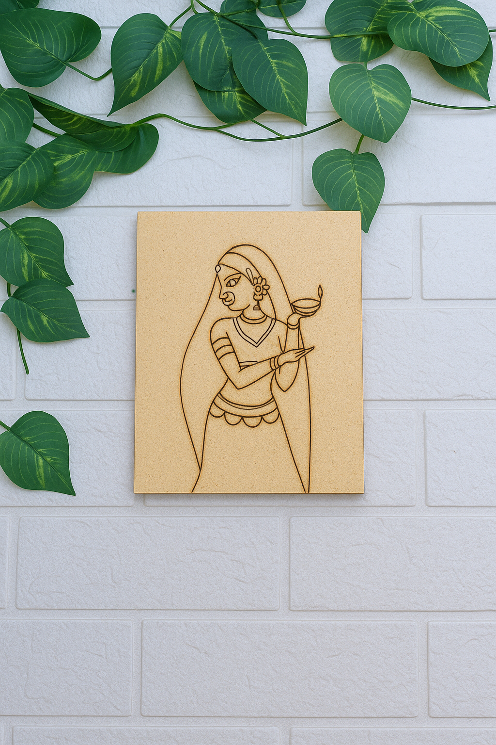 DIY MDF traditional woman with diya wall painting – unpainted base and colored version for visual representation