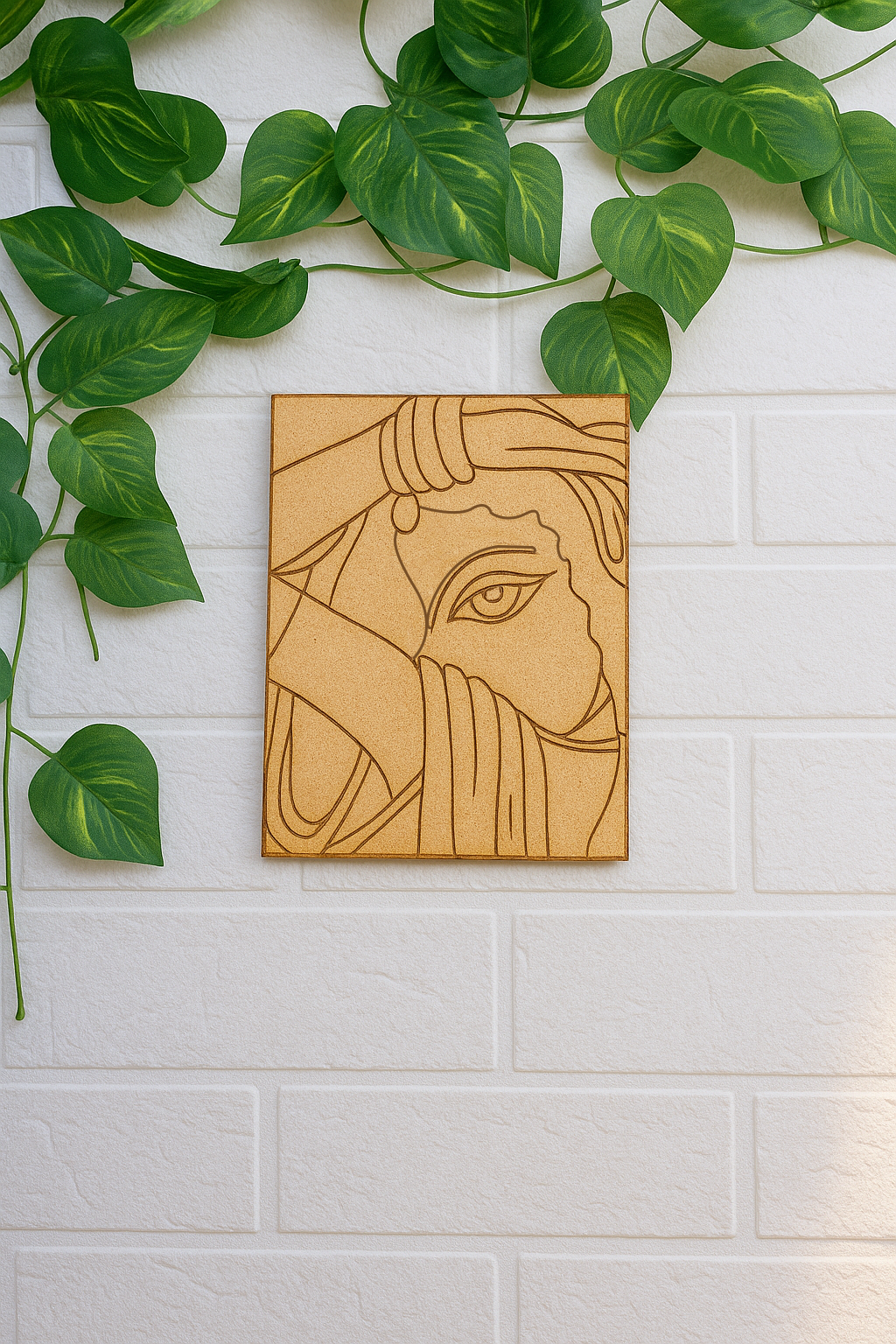 DIY Traditional Rajasthani Woman Painting MDF Panel – Unpainted on White Brick Wall