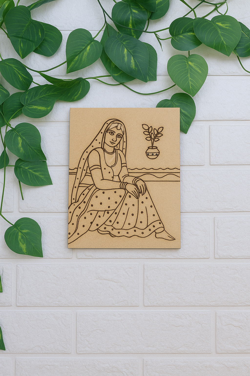 DIY Traditional Woman with Tulsi Plant MDF Painting Board | Indian Art Engraved Craft Base for Coloring
