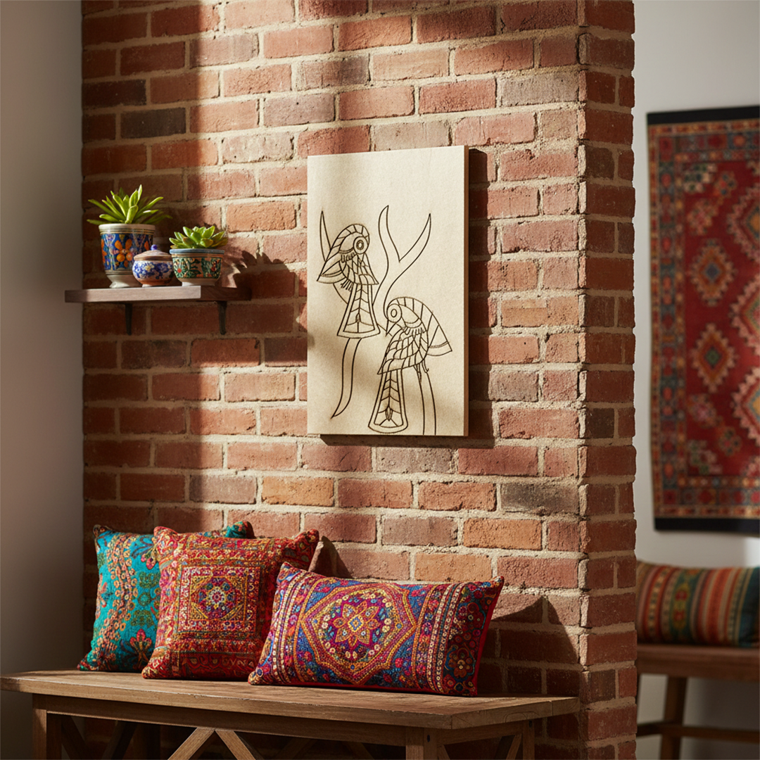 Traditional Art Style Birds on Branches Design Craft Board hanging on wall