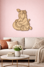 MDF DIY  wall art of a child with a dragon on a pink wall above a sofa.