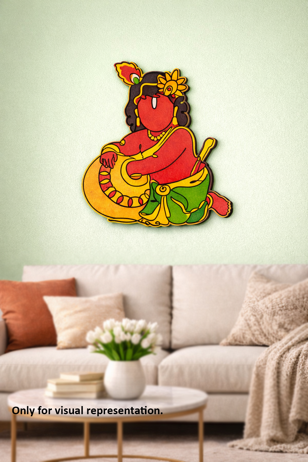 Decorative MDF DIY  wall art of a traditional figure on a light green wall above a sofa.