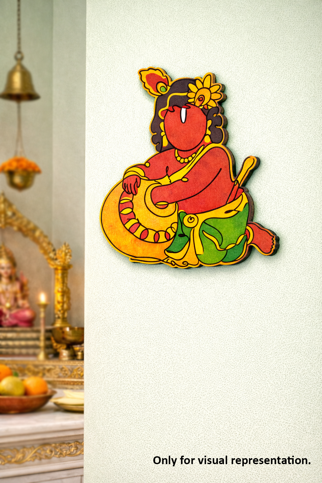 Colorful MDF DIY wall decoration of a deity playing a musical instrument on a white wall.