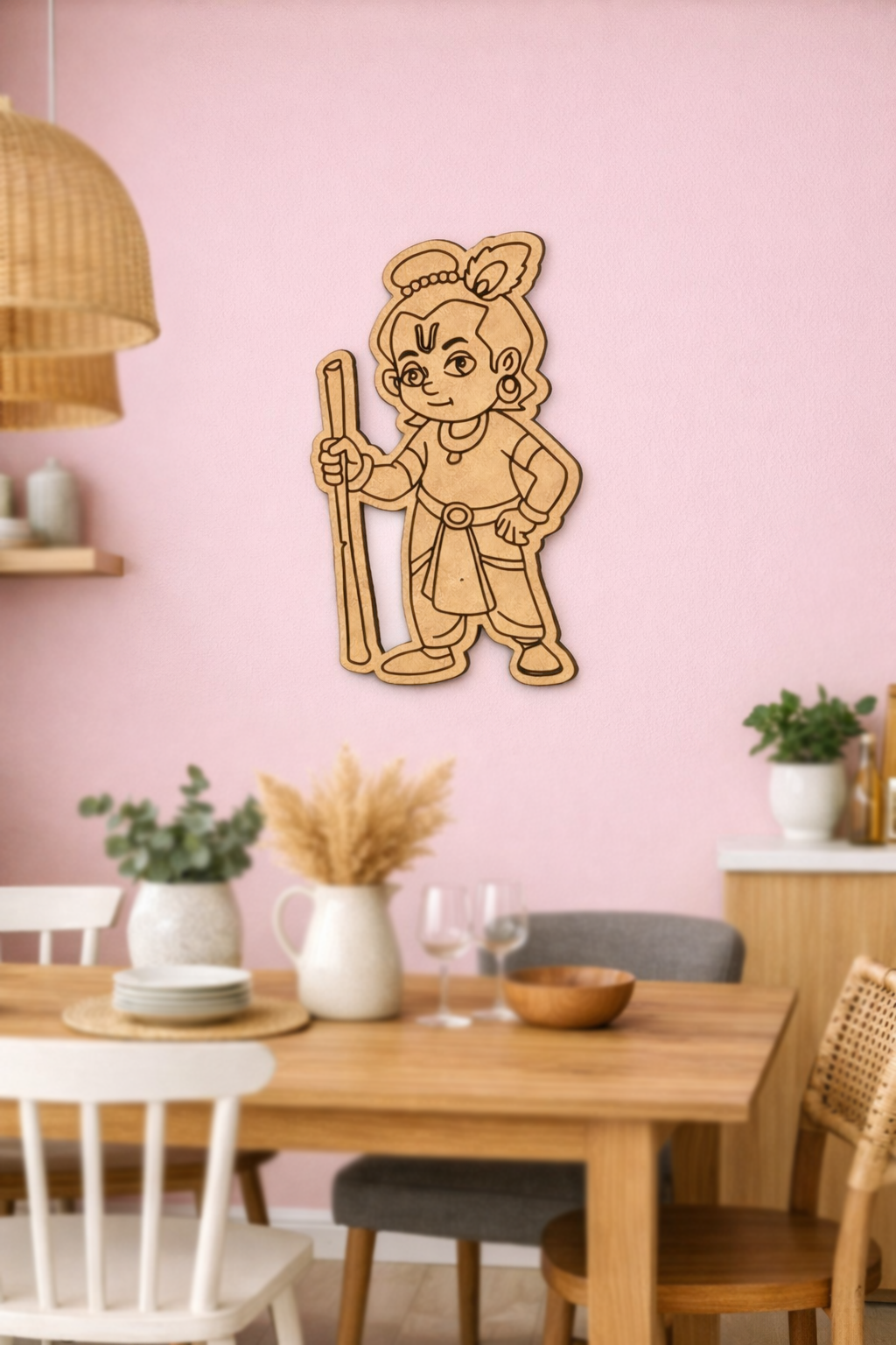 MDF DIY  wall decal of a cartoon character on a pink wall above a dining table.